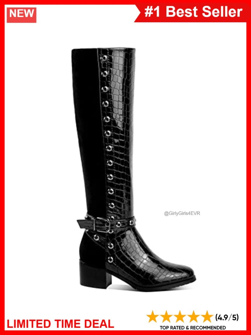 Knee-High Faux Leather Crocodile Print Boots Perforated Trim Low Heel